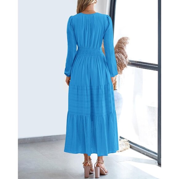 Women Brilliant Blue Long Sleeve V Neck Elastic Waist Maxi Dress With Pockets - Picture 3 of 8